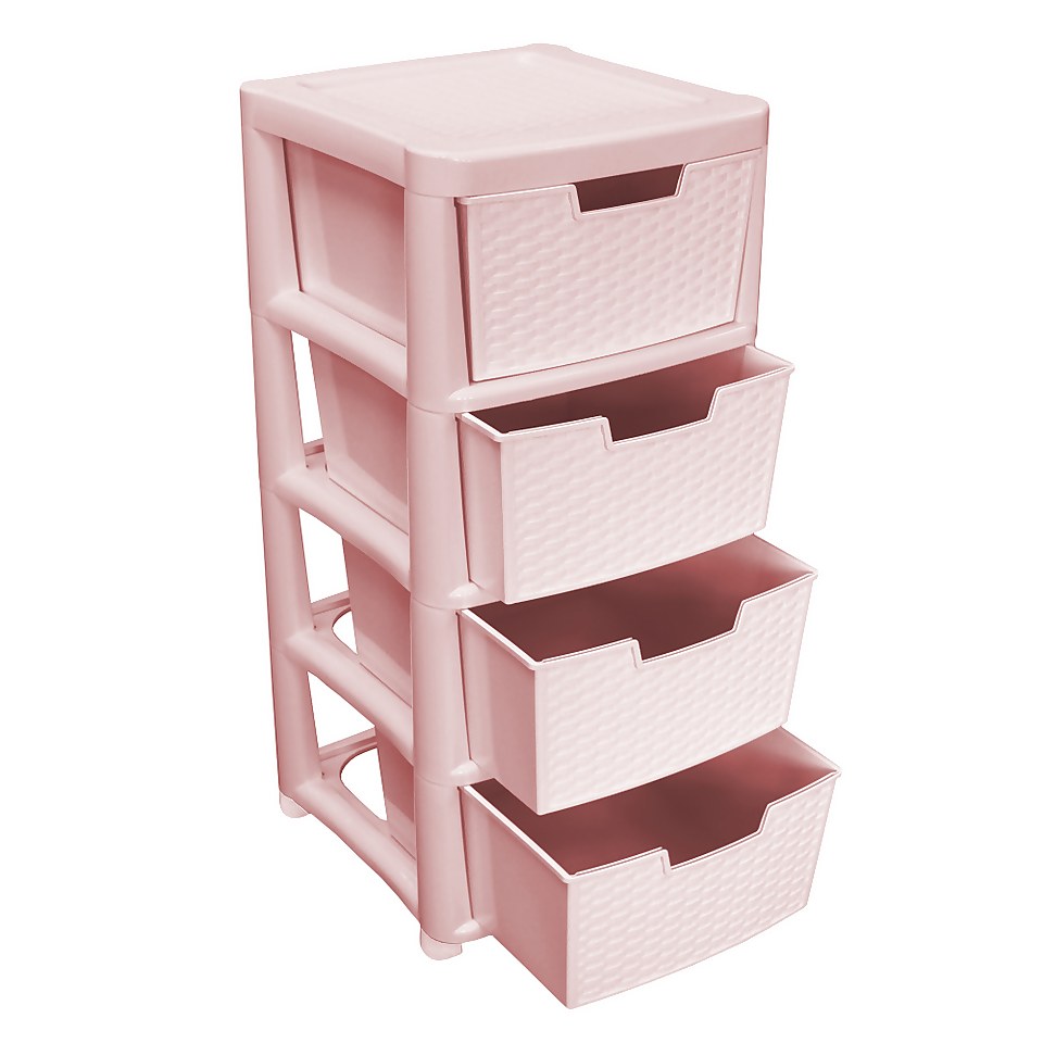 Large 4 Drawer Storage Tower - Rattan Effect - Pink