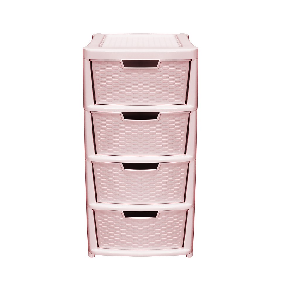Large 4 Drawer Storage Tower - Rattan Effect - Pink