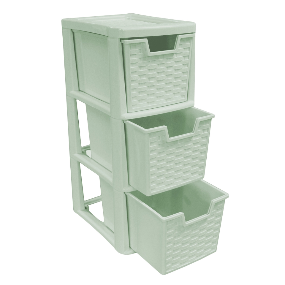Small 3 Drawer Storage Tower - Rattan Effect - Sage Green