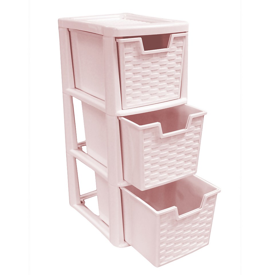 Small 3 Drawer Storage Tower - Rattan Effect - Pink
