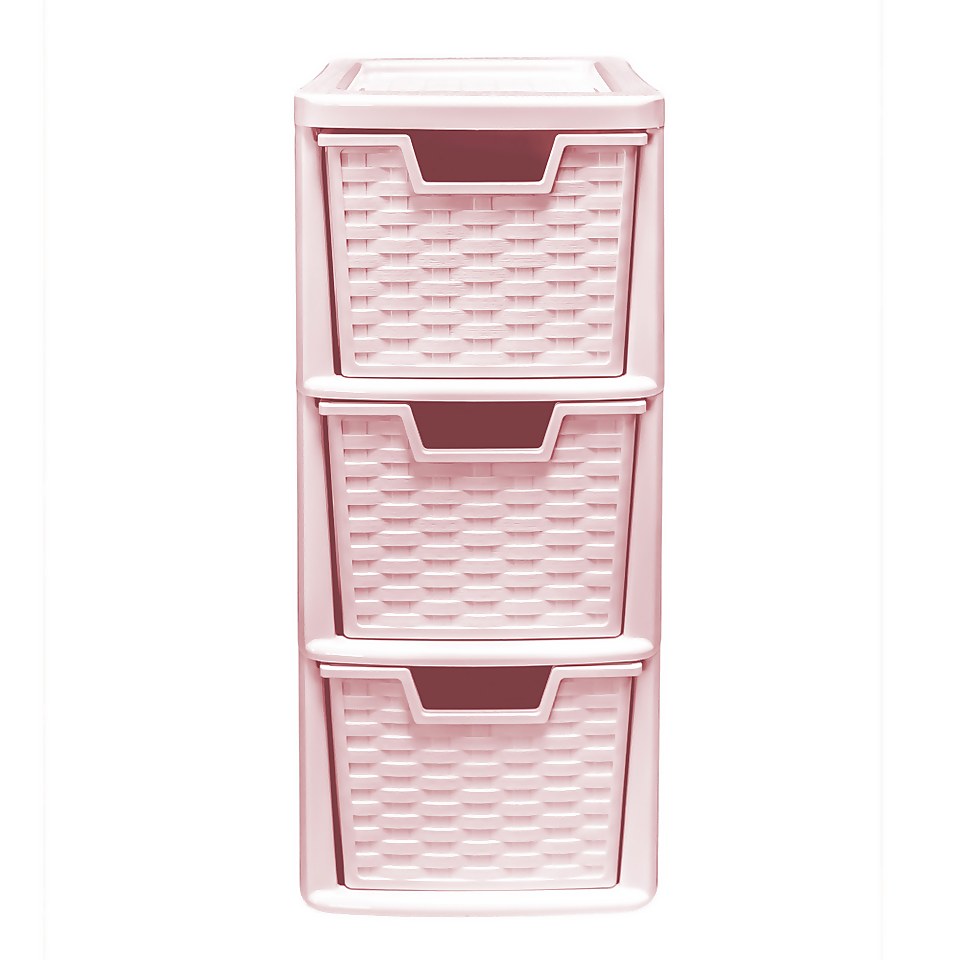 Small 3 Drawer Storage Tower - Rattan Effect - Pink