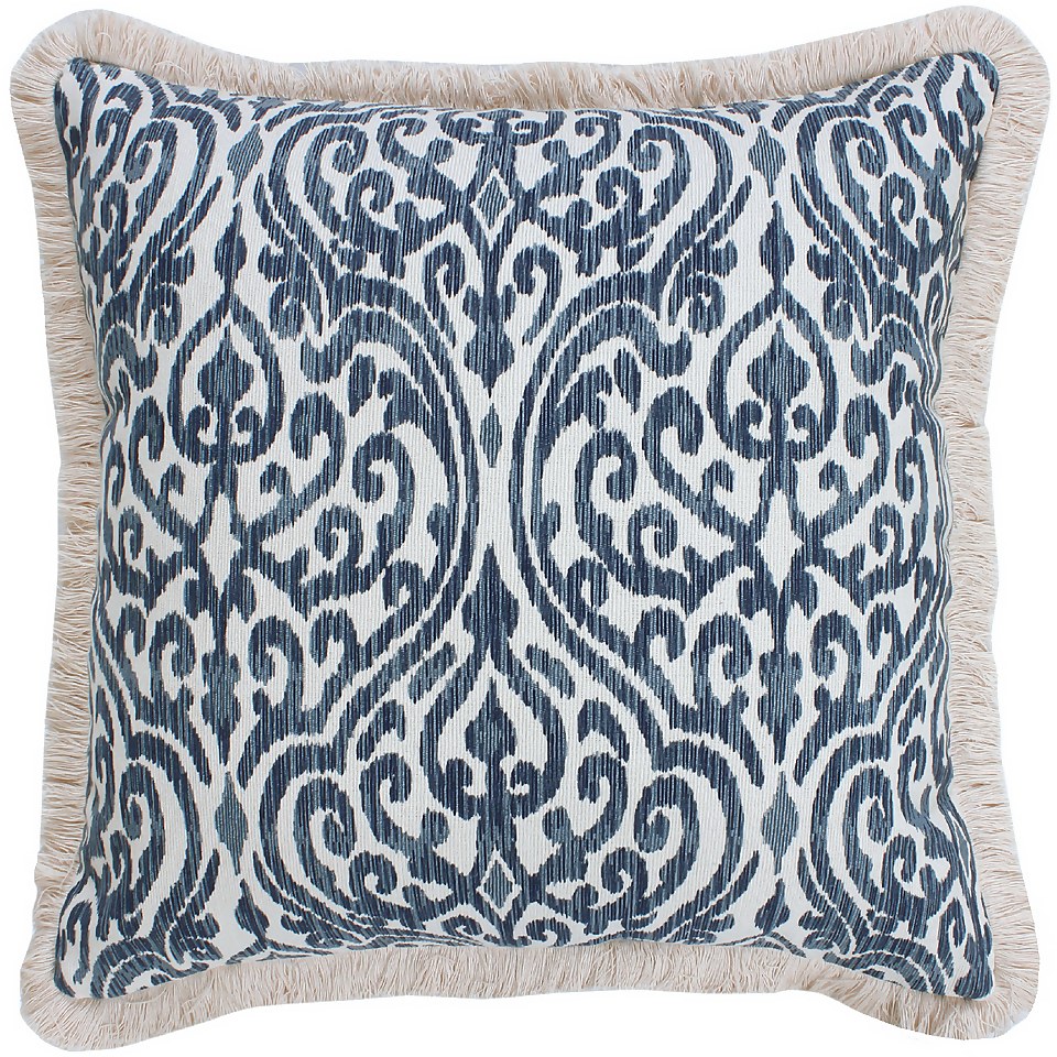 Printed Fringe Cushion - Blue
