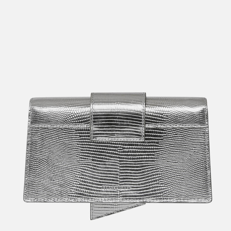 Strathberry Crescent On A Chain Metallic Lizard Clutch Bag - Silver