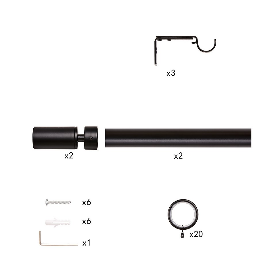 Black Extendable Curtain Pole with Barrel Finial - 170-300cm (Dia 25/28mm)