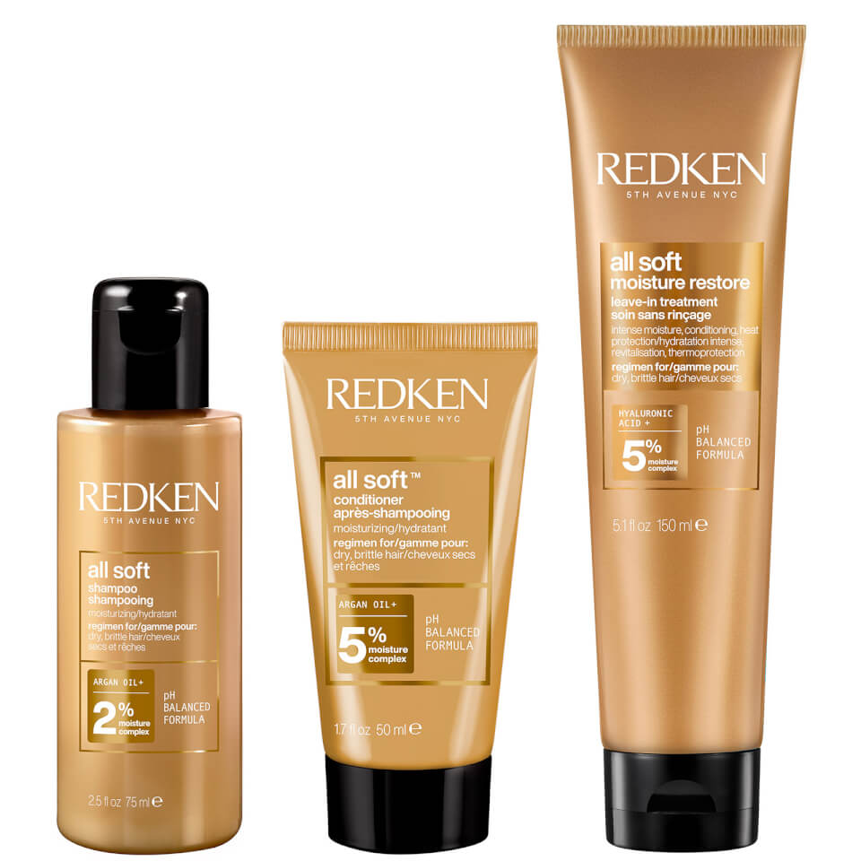 Redken All Soft Shampoo 75ml, Conditioner 30ml and Leave-in Treatment 150ml Bundle for Dry and Brittle Hair