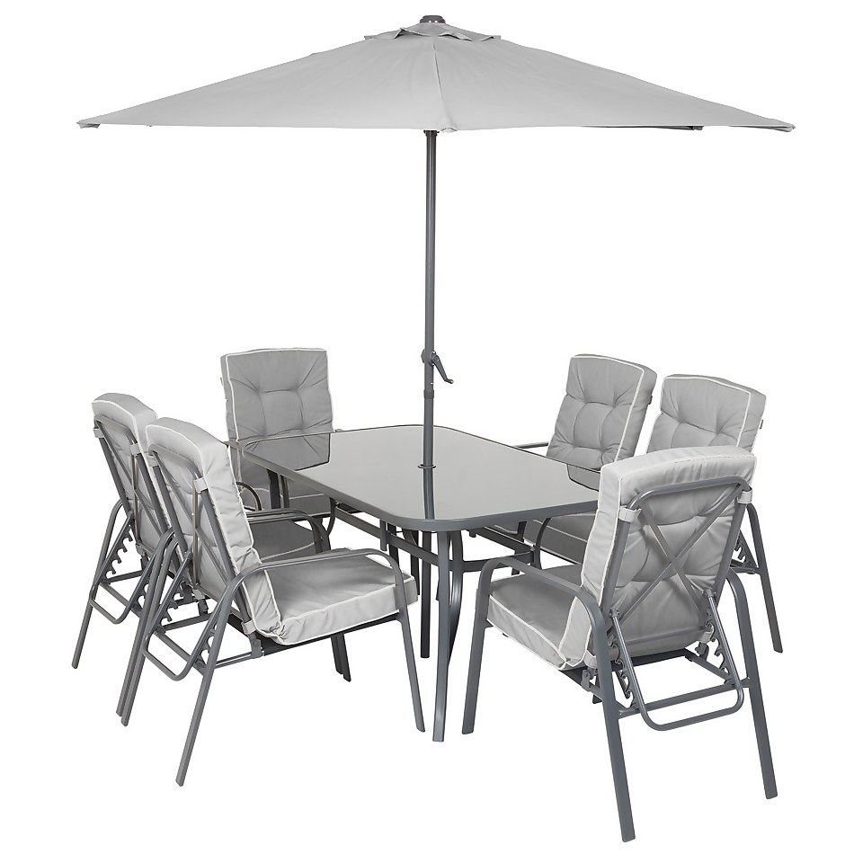 Rowly 6 Seater Garden Dining Set with Parasol - Grey