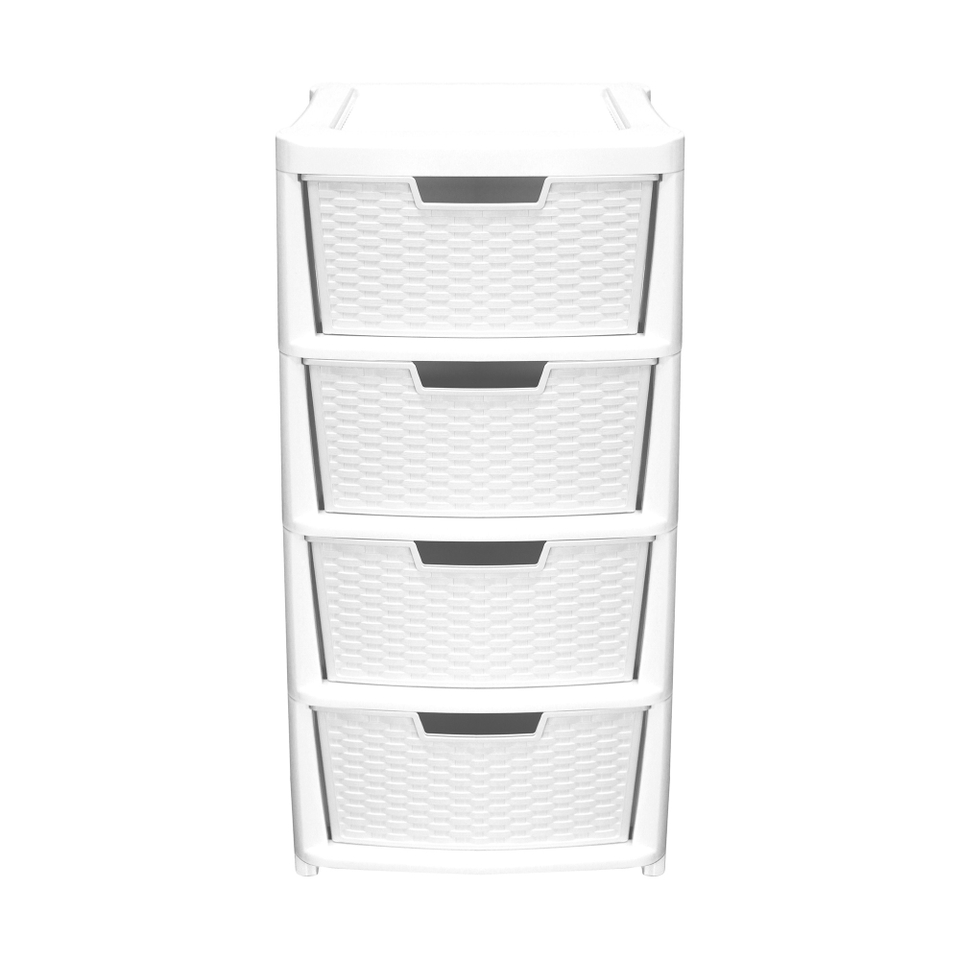 Large Rattan Effect 4 Drawer Storage Tower - White