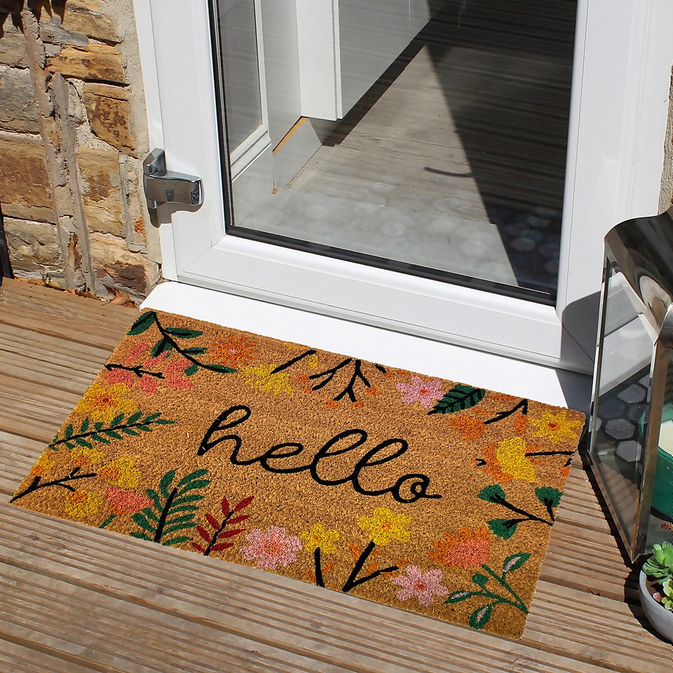 Hello Floral Coir Doormat - 39 x 59cm