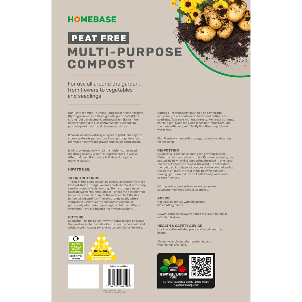 Homebase Peat Free Multi-Purpose Compost - 80L