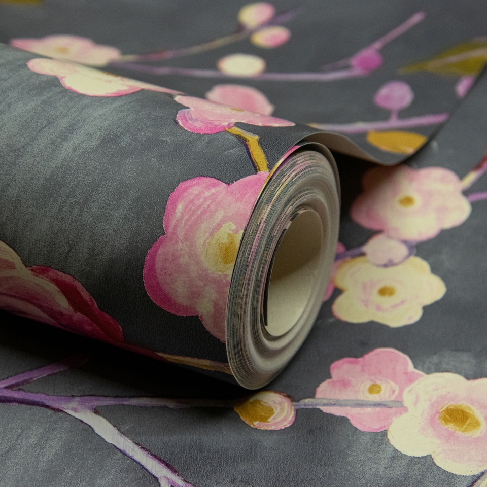 Grandeco Lola Painted Floral Trail Smooth Wallpaper - Charcoal & Pink