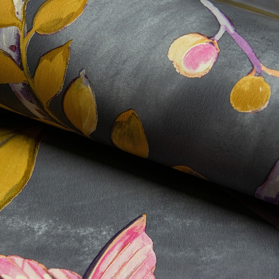 Grandeco Lola Painted Floral Trail Smooth Wallpaper - Charcoal & Pink