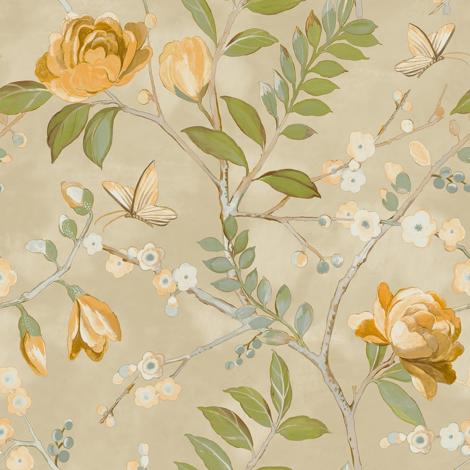 Grandeco Lola Painted Floral Trail Smooth Wallpaper - Yellow