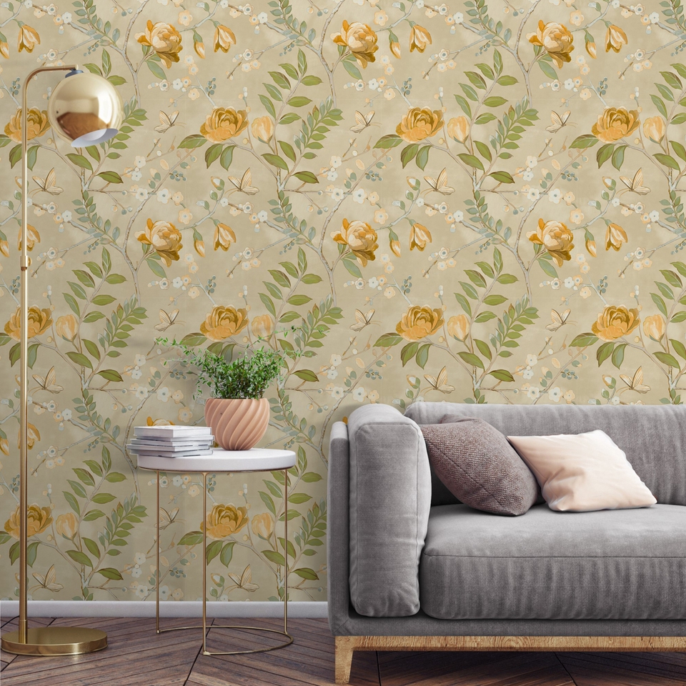 Grandeco Lola Painted Floral Trail Smooth Wallpaper - Yellow