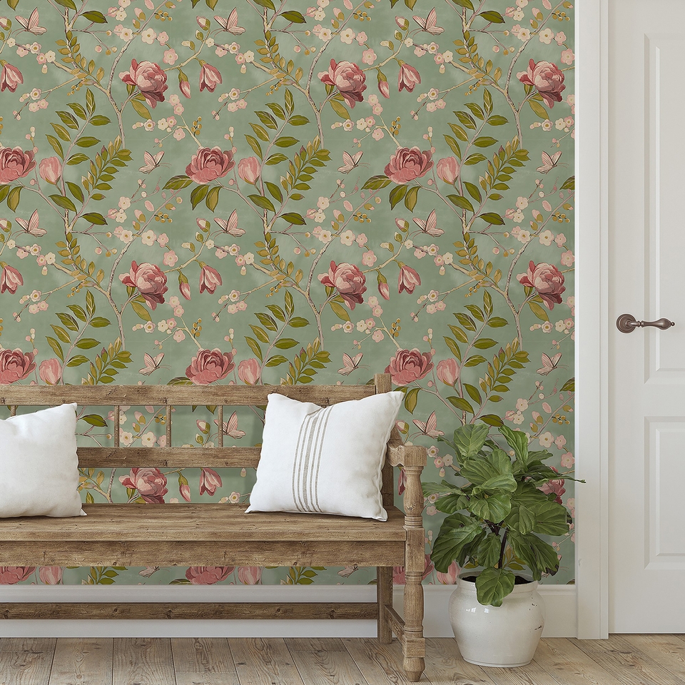 Grandeco Lola Painted Floral Trail Smooth Wallpaper - Sage Green