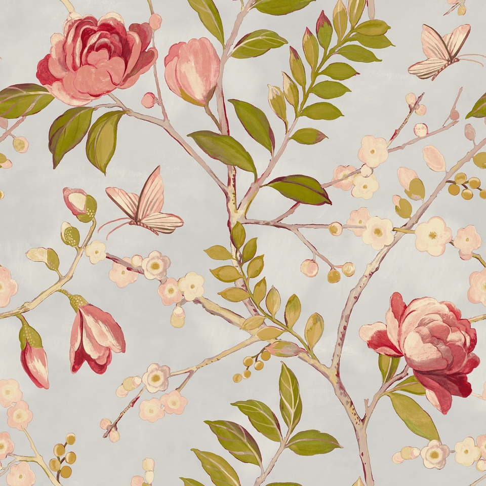 Grandeco Lola Painted Floral Trail Smooth Wallpaper - Grey & Red