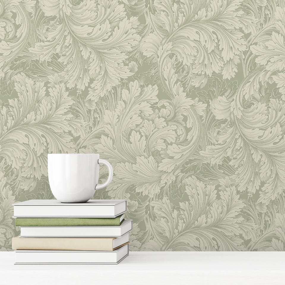 Grandeco Rossetti Acanthus Leaves Scroll Smooth Wallpaper - Green