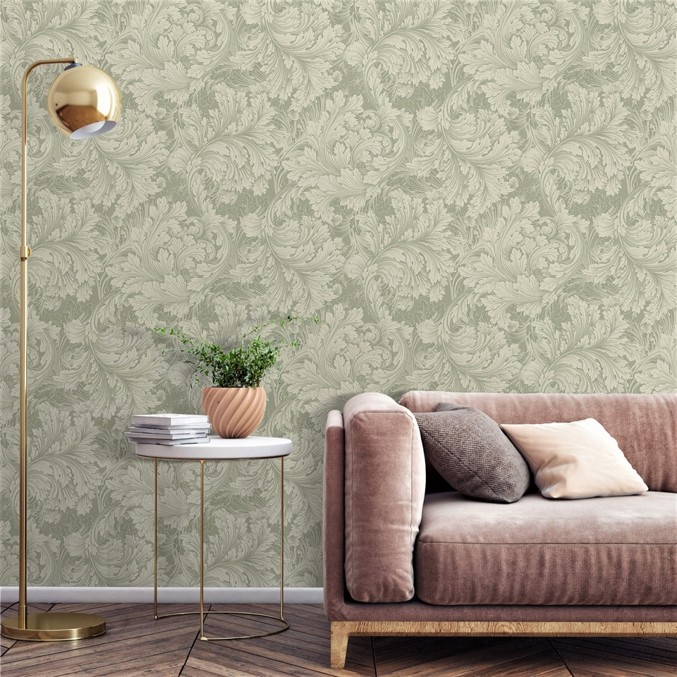 Grandeco Rossetti Acanthus Leaves Scroll Smooth Wallpaper - Green