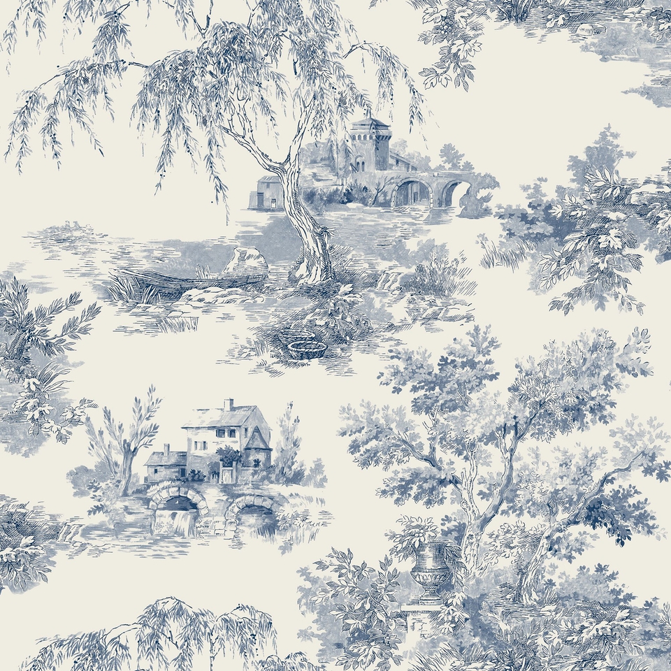 Grandeco French Vintage Toile Trees Smooth Wallpaper - Blue
