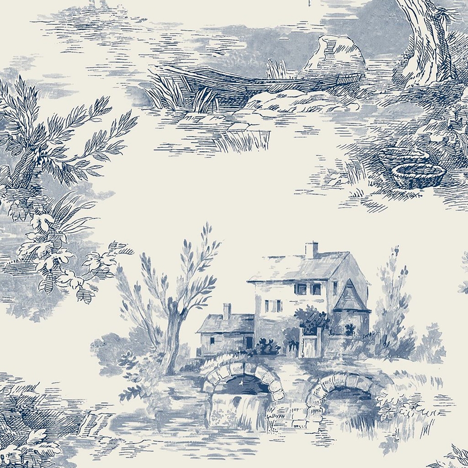 Grandeco French Vintage Toile Trees Smooth Wallpaper - Blue