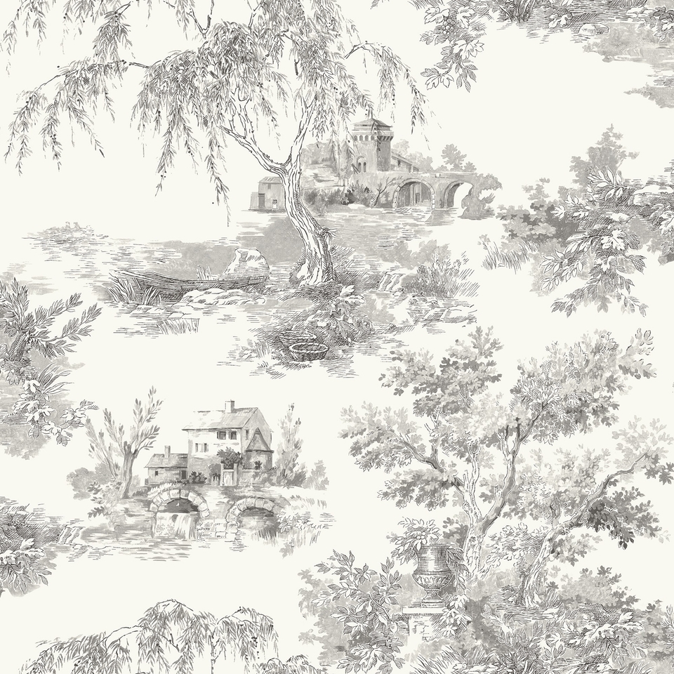 Grandeco French Vintage Toile Trees  Smooth Wallpaper - Grey