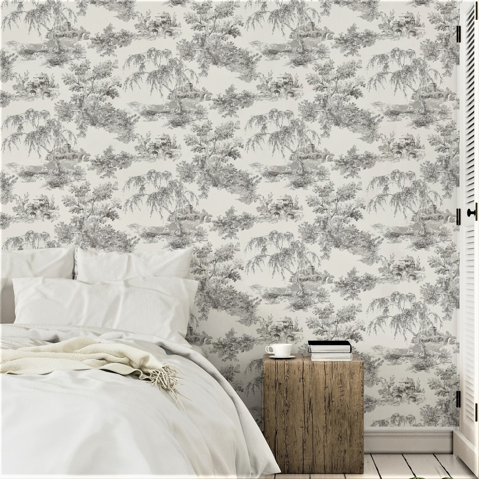 Grandeco French Vintage Toile Trees  Smooth Wallpaper - Grey