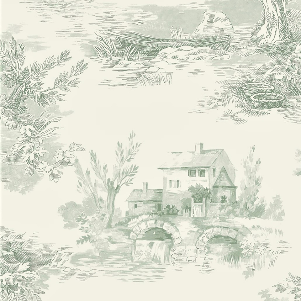 Grandeco French Vintage Toile Trees  Smooth Wallpaper - Green