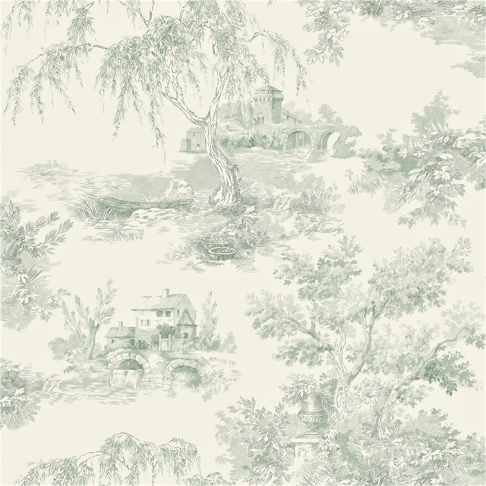 Grandeco French Vintage Toile Trees  Smooth Wallpaper - Green