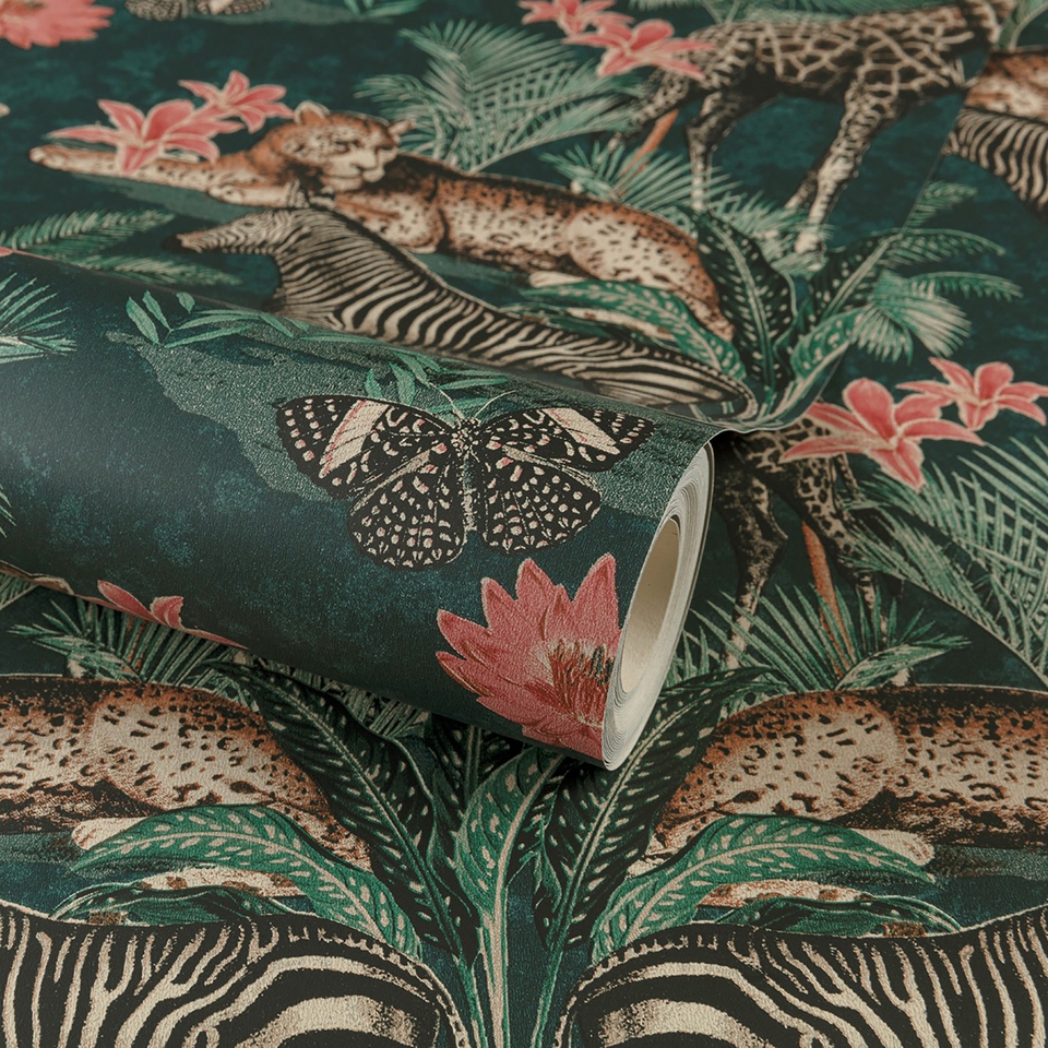 Grandeco Animal Kingdom Jungle Smooth Wallpaper Teal Homebase
