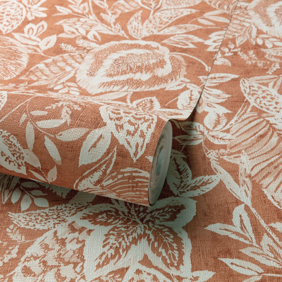 Grandeco Mae Painted Jungle Leaves Linen Textured Wallpaper - Terracotta