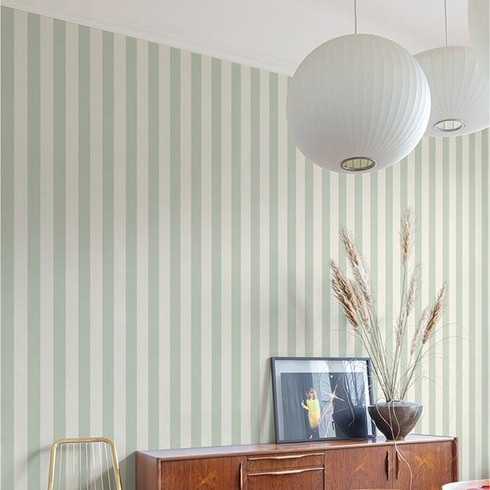 Grandeco Wide Textured Stripe Wallpaper - Green & Cream