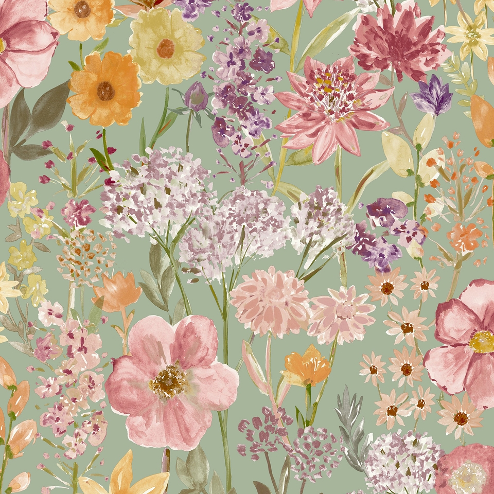 Grandeco Spring Wild Flowers Trail Smooth Wallpaper - Sage Green