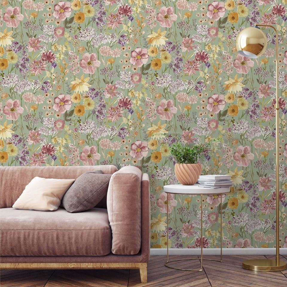 Grandeco Spring Wild Flowers Trail Smooth Wallpaper Sage Green Homebase
