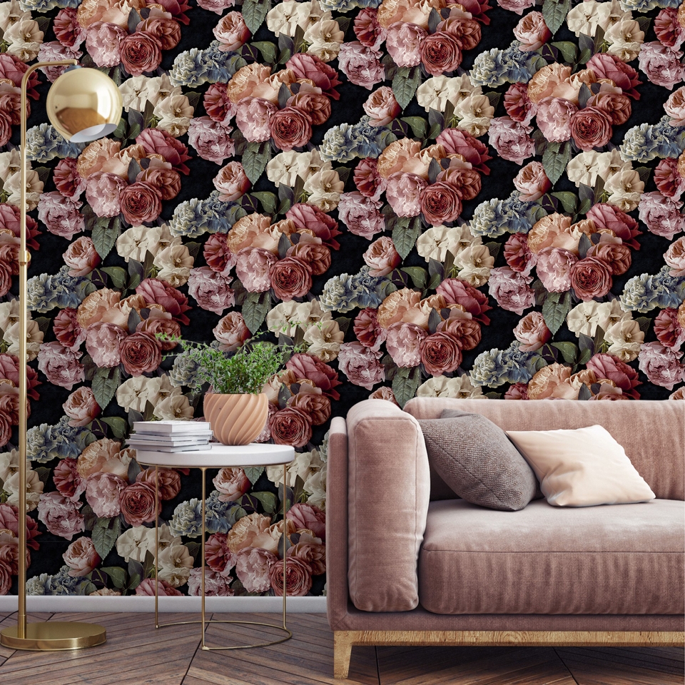 Paul Moneypenny Gabrielle Maximalist Red Floral on Black Wallpaper for Grandeco