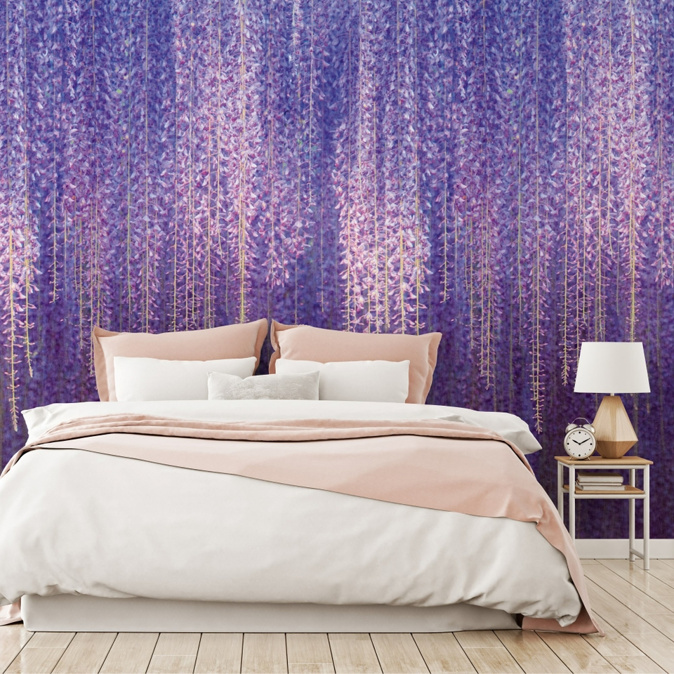Grandeco Cascading Wisteria Flowers 3 Lane Repeatable Wallpaper Mural 2.8 x 1.59m - Purple