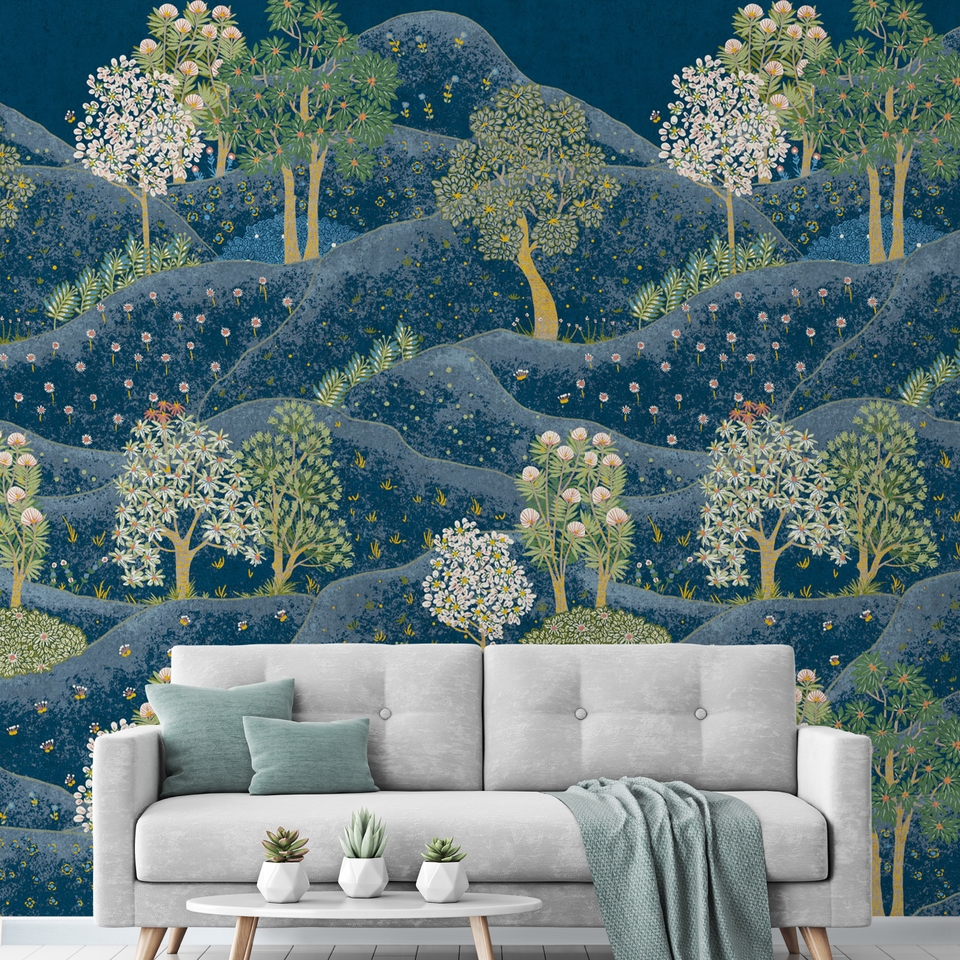 Grandeco Whimsy Landscape Scene 3 Lane Repeatable Wallpaper Mural, 2.8 x 1.59m - Navy