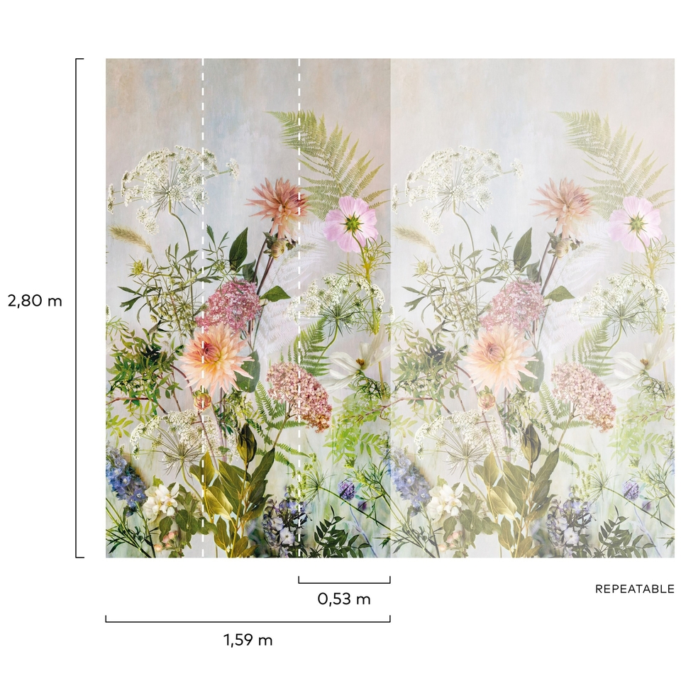 Grandeco Meadow Floral 3 Lane Repeatable Textured Mural 2.8 x 1.59m