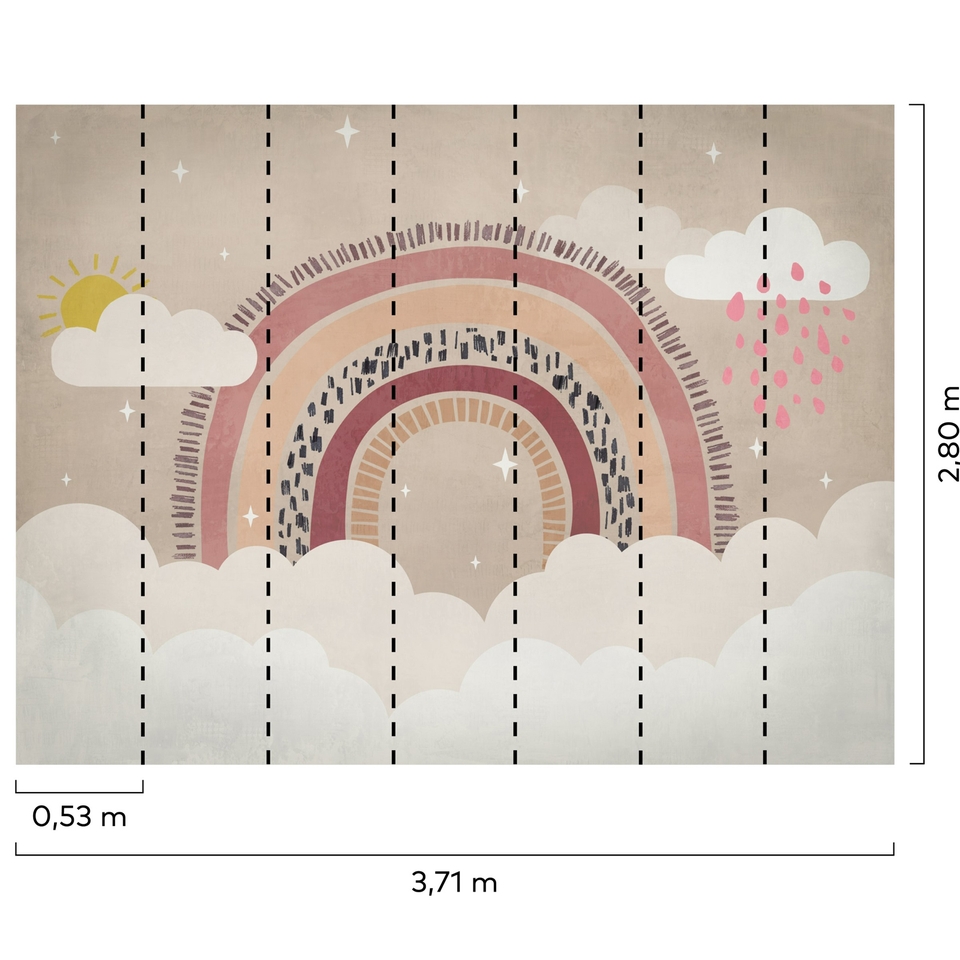 Grandeco Rainbow and Clouds 7 Lane Wallpaper Mural 2.8 x 3.71m - Neutral & Pink