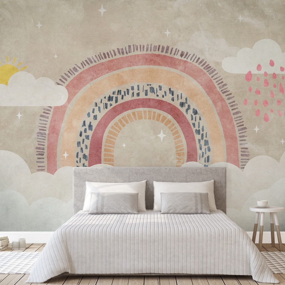 Grandeco Rainbow and Clouds 7 Lane Wallpaper Mural 2.8 x 3.71m - Neutral & Pink