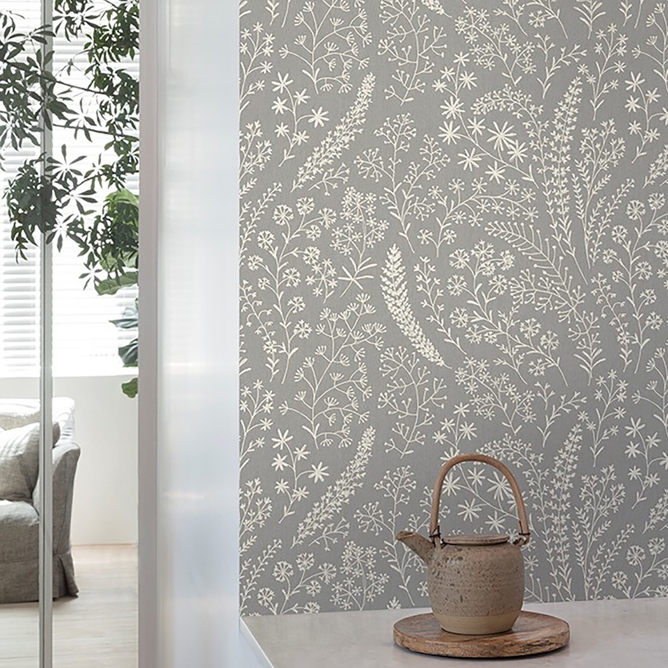 Grandeco Astrid Embroidery Stitch Foliage Trail Wallpaper - Grey