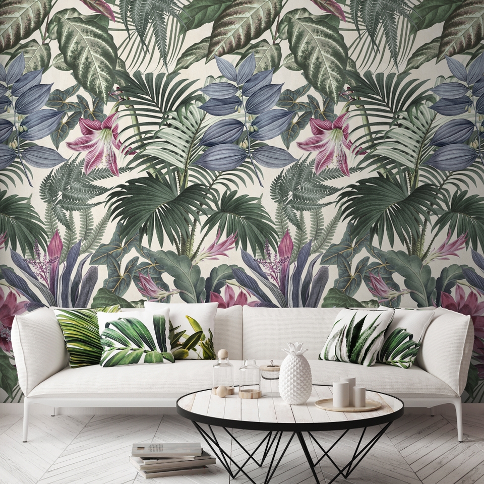 Grandeco Delicate Jungle Botanical XXL Leaves & Flowers Repeatable Wallpaper Mural 159 x 280cm - Green & Pink