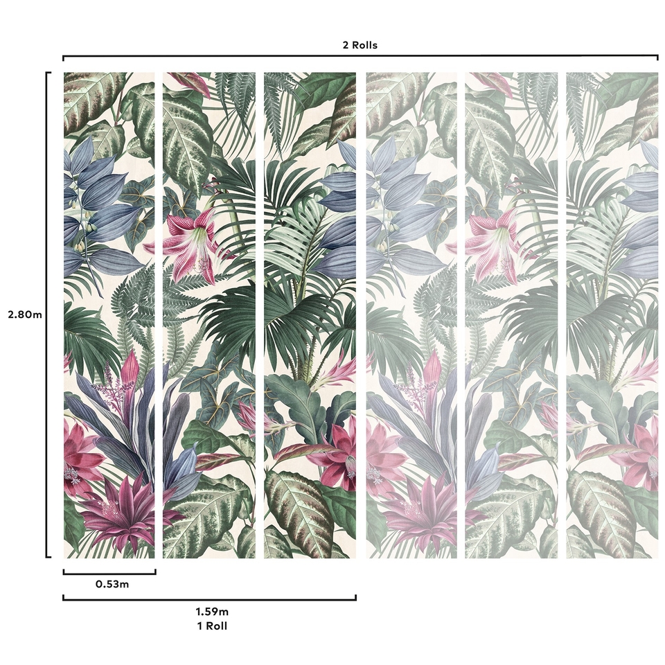 Grandeco Delicate Jungle Botanical XXL Leaves & Flowers Repeatable Wallpaper Mural 159 x 280cm - Green & Pink