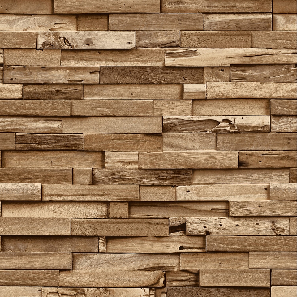 Grandeco Colorado Stacked Wood Block Plank Effect Textured Wallpaper - Natural