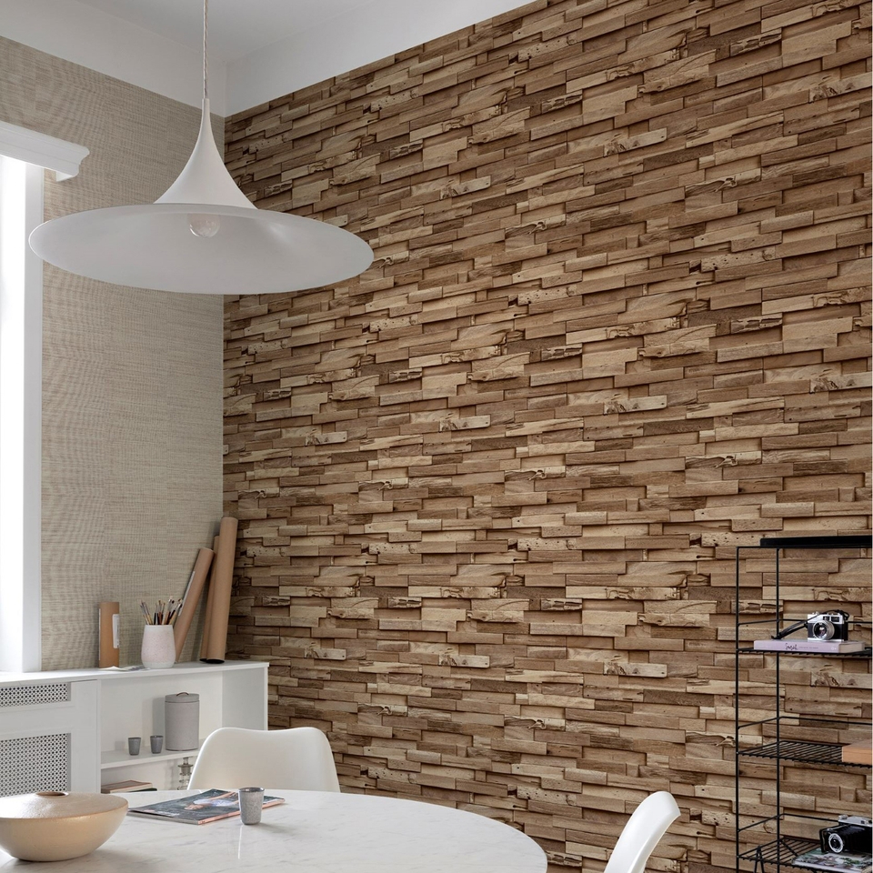 Grandeco Colorado Stacked Wood Block Plank Effect Textured Wallpaper - Natural