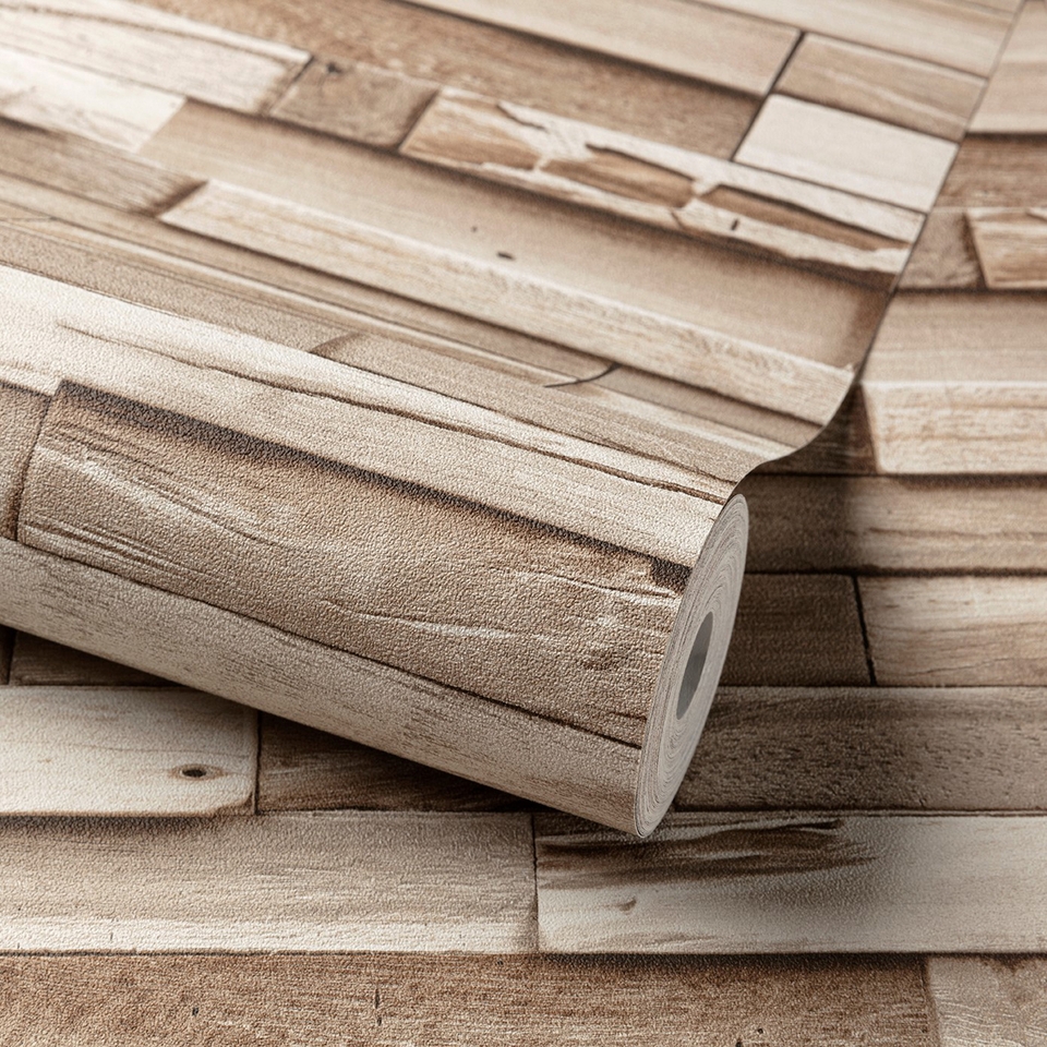 Grandeco Colorado Stacked Wood Block Plank Effect Textured Wallpaper - Light