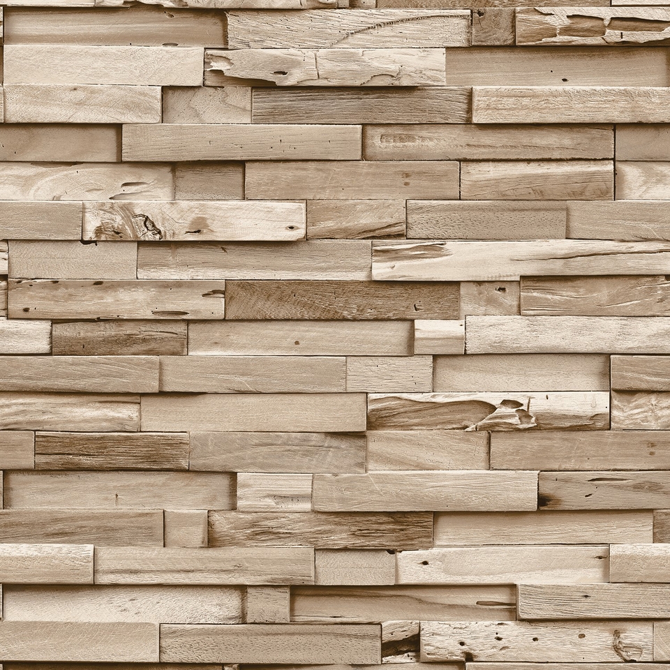 Grandeco Colorado Stacked Wood Block Plank Effect Textured Wallpaper - Light