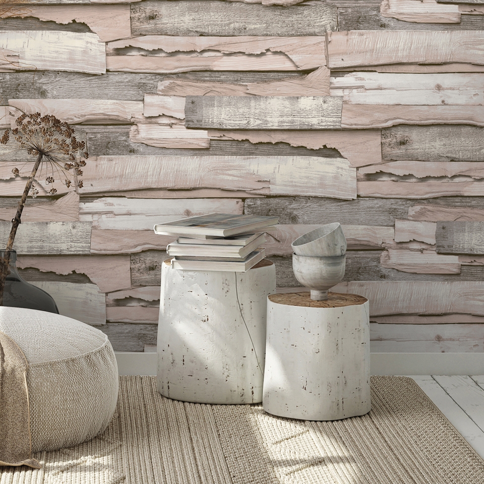 Grandeco Malay Natural Planked Wood Effect Wallpaper- Blush Pink