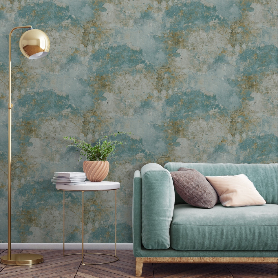 Grandeco Rustic Old Town Plaster Distressed Concrete Textured Wallpaper - Teal