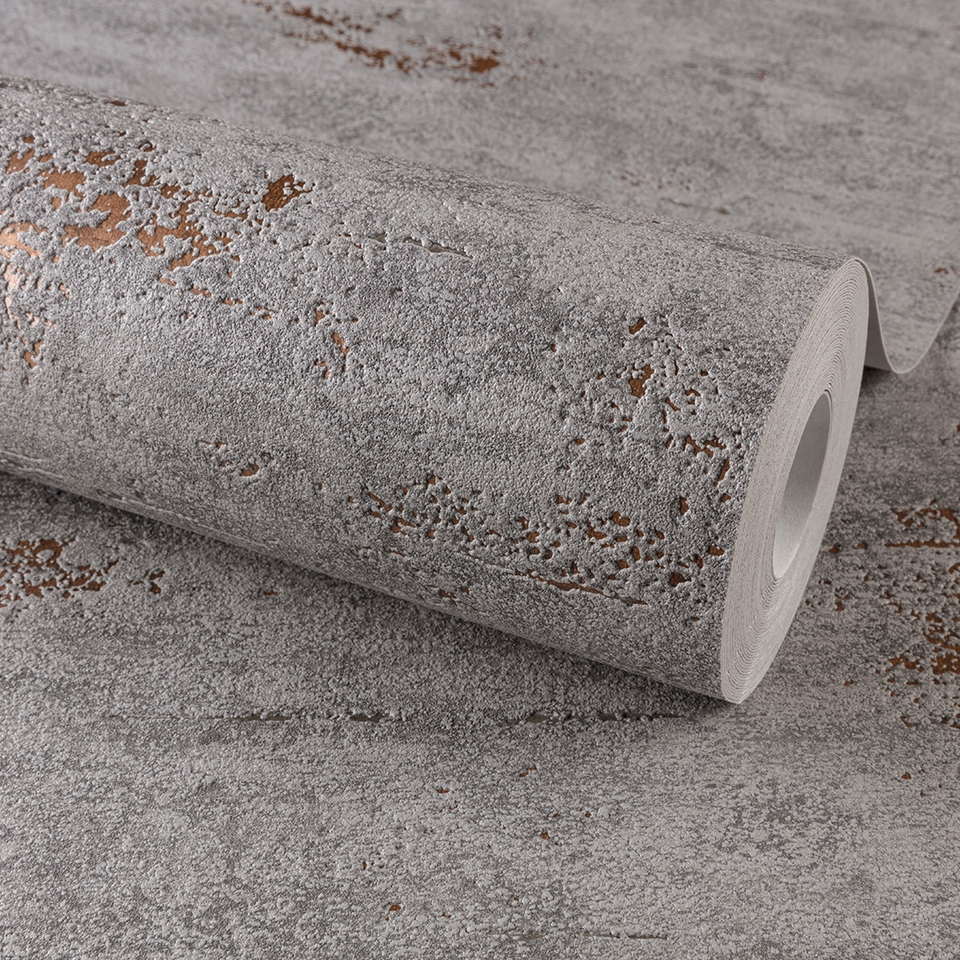 Grandeco On The Rocks Distressed Concrete Stone Textured Wallpaper - Charcoal Grey & Copper