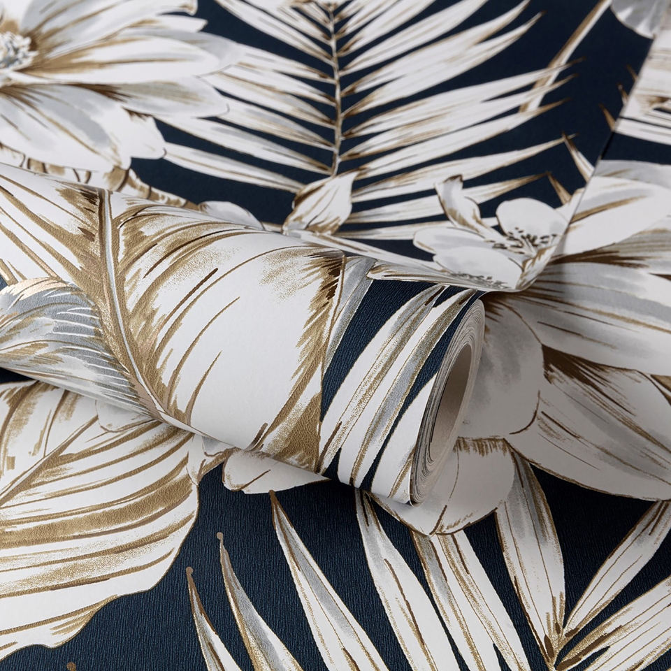 Grandeco Wild Lilies Smooth Wallpaper - Navy & Metallic Gold