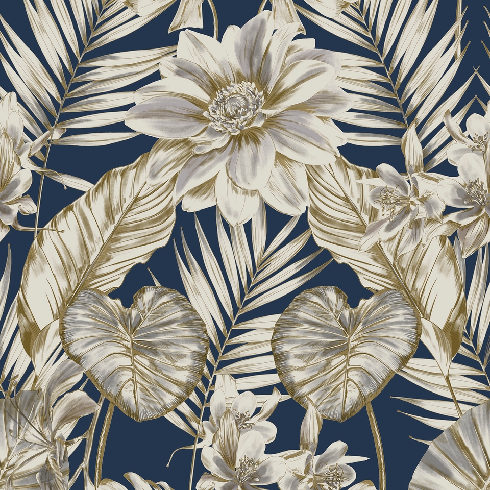 Grandeco Wild Lilies Smooth Wallpaper - Navy & Metallic Gold